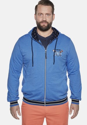 Blue zip-up hoodie with a textured fabric, contrasting dark inner hood lining, and striped cuffs. Features a graphic on the chest.