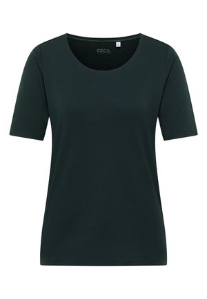 Dunkelgrünes T-Shirt mit kurzen Ärmeln aus weichem Stoff, mit rundem Ausschnitt und lockerer Passform. Einfaches Design ohne Muster oder Akzente.