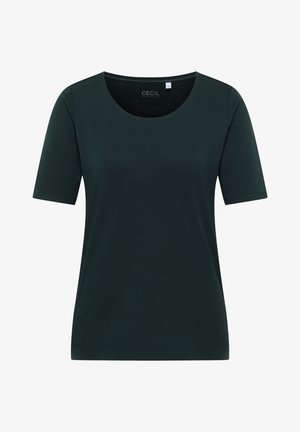 T-paita tummanvihreästä pehmeästä kankaasta, lyhythihaisella ja rento leikkaus. Yksinkertainen muotoilu ilman kuvioita tai yksityiskohtia.