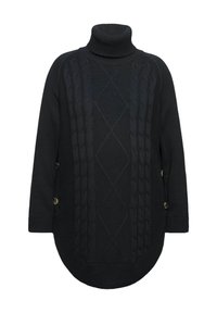 Schwarzer gestrickter Rollkragensweater mit Zopfmuster, seitlichen Knopfdetails und einem abgerundeten Saumdesign für einen oversized Schnitt.