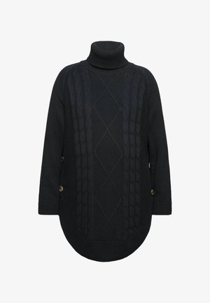 Černý pletený rolák s kabelkovými vzory, bočními knoflíkovými detaily a zakřiveným lemem pro oversize střih.