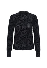 Blusa nera a maniche lunghe con motivo floreale in velluto, colletto alto, tessuto testurizzato e polsini svasati.