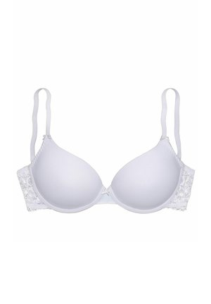 White padded bra with a smooth fabric cups and lace detailing on the sides, featuring adjustable straps and a small bow at the center.