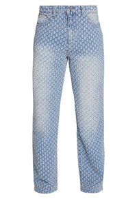 Ljust blå denimjeans med ett strukturerat mönster, fem fickor och knappstängning. Raka ben, bleknad effekt nära nederkanten.