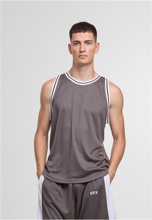 Graues sportliches Tanktop mit weißen Akzenten und rundem Hals. Aus atmungsaktivem Stoff, mit lockerem Schnitt und ärmellos.