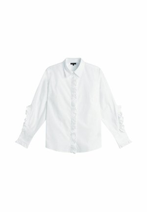 Valkoinen pitkähihainen paita, valmistettu puuvillamateriaalista, jossa on röyhelökoristeet nappien ja hihojen kohdalla, tavallinen kaulus ja suora helma.