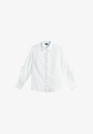 Hvid langærmet skjorte i bomuldsmateriale, med flæsedetaljer langs knapperne og ærmerne, standardkrave og lige kant.