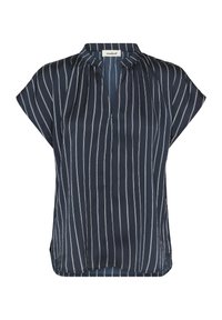 Tengerészkék rövid ujjú blúz fehér függőleges csíkokkal, mandzsettagallérral és V-nyakú nyitással, könnyű anyagból készült.