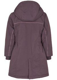 Parka violet à capuche avec taille cintrée, poignets élastiques et couture contrastante. Doté d'une ventilation arrière et de poches latérales.