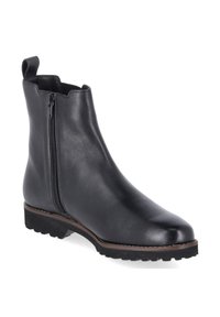 Black leather ankle boot with side zipper, scalloped collar, pull tab at the back, and rugged rubber sole.