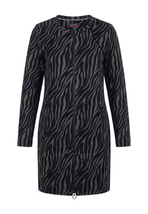 Long-sleeve knee-length dress with black and gray zebra print, front zipper closure, and zippered side pockets.