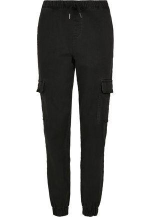 LADIES KNITTED DENIM HIGH WAIST CARGO PANTS - Oldalzsebes nadrágok - black