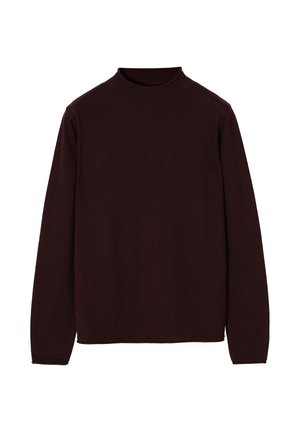 Pulover bordeaux cu mânecă lungă și guler înalt, realizat dintr-un material moale, texturat. Design simplu, ajustat, fără modele sau accente vizibile.