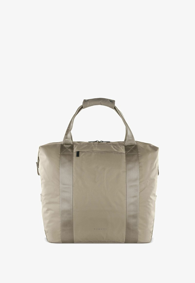 Borsa tote in tessuto beige con doppio manico, chiusura con cerniera e dettagli a contrasto sulle cinghie. Design minimalista con un logo del brand discreto.