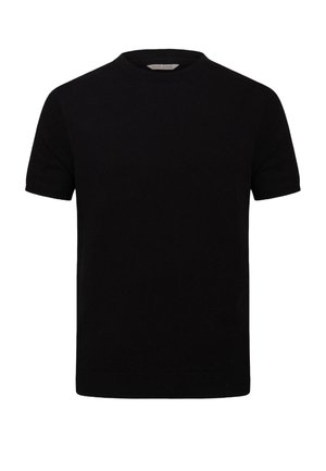 Schwarzes Strickoberteil mit kurzen Ärmeln, Rundhalsausschnitt sowie geripptem Saum und Bündchen. Etikett im Krageninneren mit der Aufschrift "DAN JOHN."