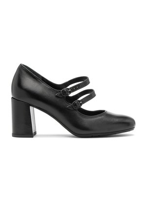 Black leather Mary Jane heels with two adjustable straps, rounded toe, and a block heel featuring a silver accent. Smooth texture.
