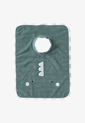 Square teal baby bib with neck hole, white striped edges, and a cute smiling face with three white felt spikes on top.