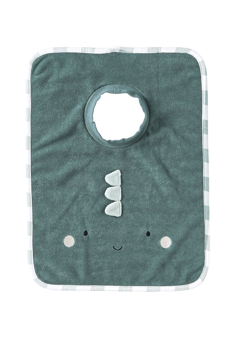 Quadratisches, tealfarbenes Baby-Lätzchen mit Halsöffnung, weißen gestreiften Rändern und einem niedlichen lächelnden Gesicht mit drei weißen Filzdornen oben.