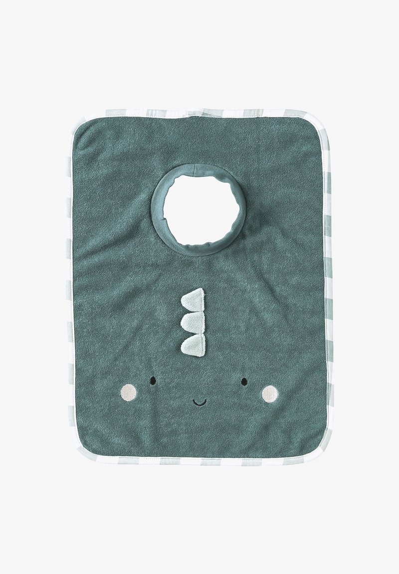 Quadratisches, tealfarbenes Baby-Lätzchen mit Halsöffnung, weißen gestreiften Rändern und einem niedlichen lächelnden Gesicht mit drei weißen Filzdornen oben.