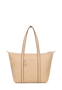 Borsa tote in pelle beige con due lunghi manici, una chiusura superiore con zip e una tasca frontale. Presenta cuciture sottili e una texture liscia.