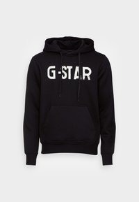 Sudadera negra de G-Star con un bolsillo delantero, cordón ajustable y gran logotipo impreso en blanco. Tejido suave, dobladillo y puños acanalados.