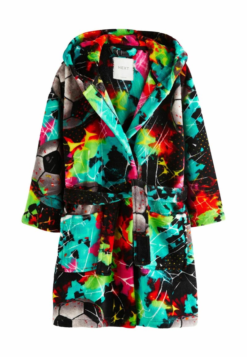 Fleece-Bademantel mit lebendigem, mehrfarbigem Fußballmotiv auf schwarzem Hintergrund, mit Kapuze, Bindegürtel und zwei vorderen Taschen.