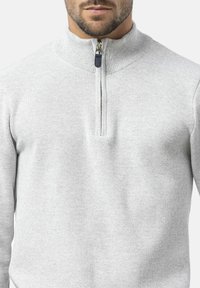 Helles graues Zip-Up Sweatshirt mit hohem Kragen, strukturiertem Stoff und kontrastierendem marineblauen Reißverschlussakzent. Figurbetontes Design. Gemütliches Material.