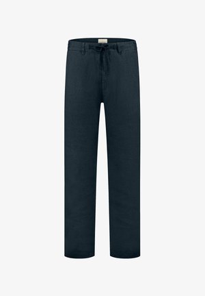 Tengerészkék vászonnadrág laza szabással, húzózsinóros derékrésszel és egyenes lábakkal. Simább textúrával és minimális dizájnnal rendelkezik.