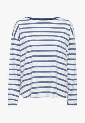 Długi nadrukowany top w luźnym kroju, z poziomymi niebieskimi i białymi paskami, wykonany z miękkiego bawełnianego materiału, z szerokim dekoltem.