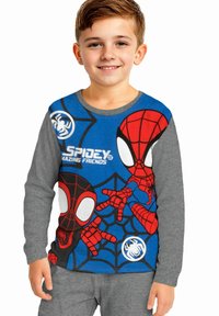 T-shirt a maniche lunghe con una parte frontale blu decorata con grafiche rosse di Spider-Man, dettagli neri, maniche grigie e colletto rotondo.