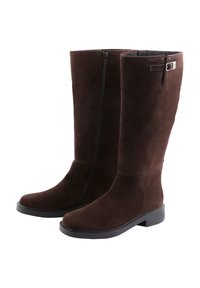 Brown suede knee-high boots with a smooth texture. Features a side zipper and minimal hardware accents, with a flat rubber sole.