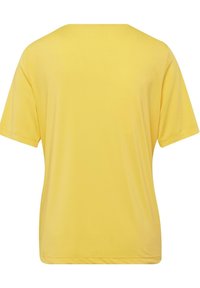 Gelbes Kurzarm-T-Shirt aus glattem Stoff, mit runder Halslinie und lockerer Passform. Keine sichtbaren Muster oder Akzente.