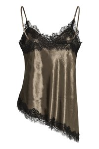 Caraco marron en satin avec bordure en dentelle noire le long de l'encolure et de l'ourlet, avec fines bretelles réglables et un ourlet asymétrique.