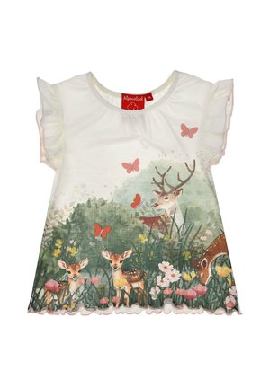 White toddler shirt with ruffled sleeves featuring a forest scene of deer, flowers, greenery, and orange butterflies.