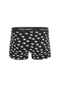 Czarne bokserki z wzorem w kropki w różnych odcieniach szarości i bieli, z elastycznym paskiem w talii oznaczonym "PAKO LOREN."