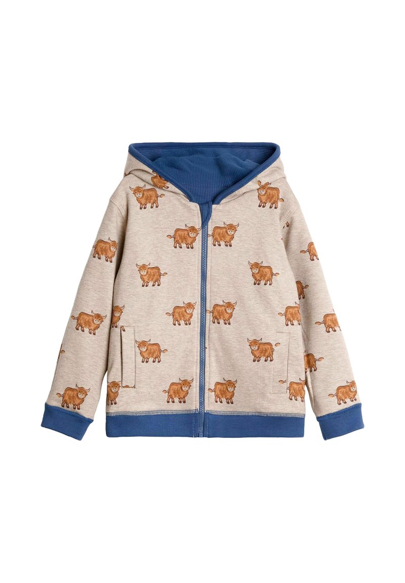 Felpa con cappuccio e zip di colore beige con rifiniture blu, caratterizzata da un motivo ripetuto di mucche Highland marroni. Realizzata in tessuto morbido e dotata di tasche.
