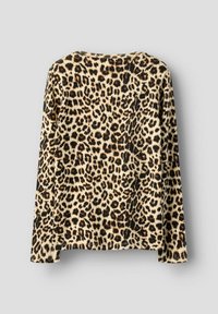 Pikkade varrukatega pluus pruunide ja mustade leopardimustritega, pehme ja tekstuuriga kangas, ümara kaelusega ja sirge äärega.