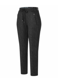 Svarta mönstrade avslappnade byxor med elastisk midja, snörning och dragkedjefickor, avsmalnande ben.