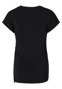 Schwarzes Kurzarm-T-Shirt aus weichem Stoff. Verfügt über einen runden Halsausschnitt und seitliche Schlitze für bessere Bewegungsfreiheit.