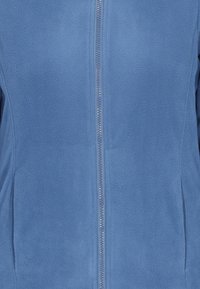 Giacca in fleece di colore azzurro chiaro, chiusura con zip frontale completa, texture liscia, senza motivi visibili, tasche laterali e maniche lunghe.