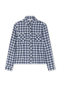 Camicia a maniche lunghe a quadri blu e bianchi con colletto, chiusura frontale con bottoni e due tasche sul petto, realizzata in tessuto leggero.