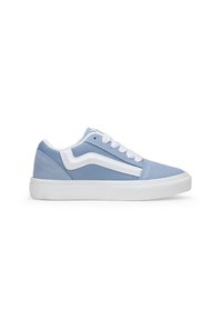 Hellblaue Leinensneakers mit weißen Akzenten, flachen Schnürsenkeln und einer strukturierten Gummisohle. Merkmale ein markantes Streifendesign an der Seite.