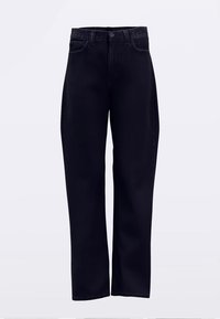 Zwarte denim jeans met een relaxte pasvorm, rechte pijp, vijfzakkenstijl en zichtbare stiknaden. Geen versieringen of patronen.