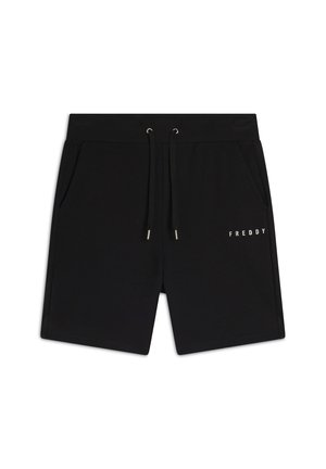 Pantaloni corti neri realizzati in morbido tessuto con vita elasticizzata, cordoncino regolabile e tasche; presenta un logo ricamato "FREDDY".