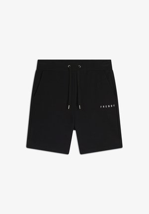 Pantaloni corti neri realizzati in morbido tessuto con vita elasticizzata, cordoncino regolabile e tasche; presenta un logo ricamato "FREDDY".