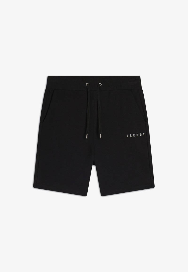 Pantaloni corti neri realizzati in morbido tessuto con vita elasticizzata, cordoncino regolabile e tasche; presenta un logo ricamato "FREDDY".
