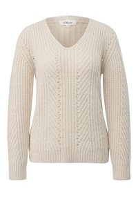 Cremfarbener gestrickter Pullover mit V-Ausschnitt, ausgestattet mit einem strukturierten Muster aus diagonalen Rippen sowie einem gerippten Saum und Säumen.