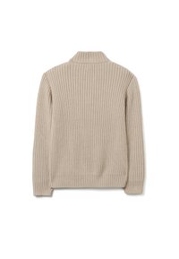 Maglione a coste beige con colletto alto e maniche lunghe, orlo adattato e tessuto texturizzato. Visualizzazione del retro.