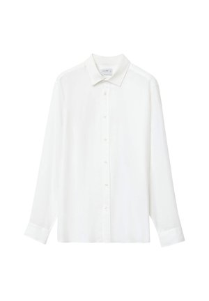 Chemise blanche à manches longues en tissu lisse, avec un boutonnière à l'avant, un col et des poignets. Design simple, sans motifs ni embellissements.