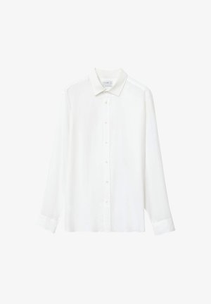 Weißes Langarmhemd aus glattem Stoff mit knöpfbarem Vorderteil, Kragen und Bündchen. Einfaches Design, keine Muster oder Verzierungen.